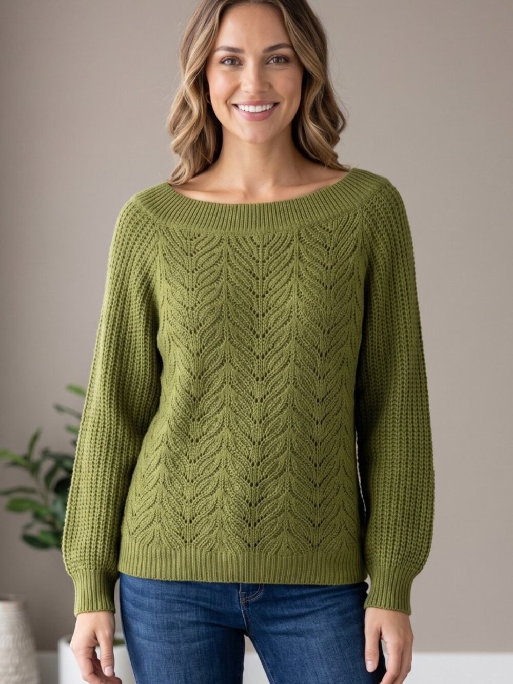 NWOT Green Open Knit Boatneck Slouchy Balloon Sleeve Sweater Size Small